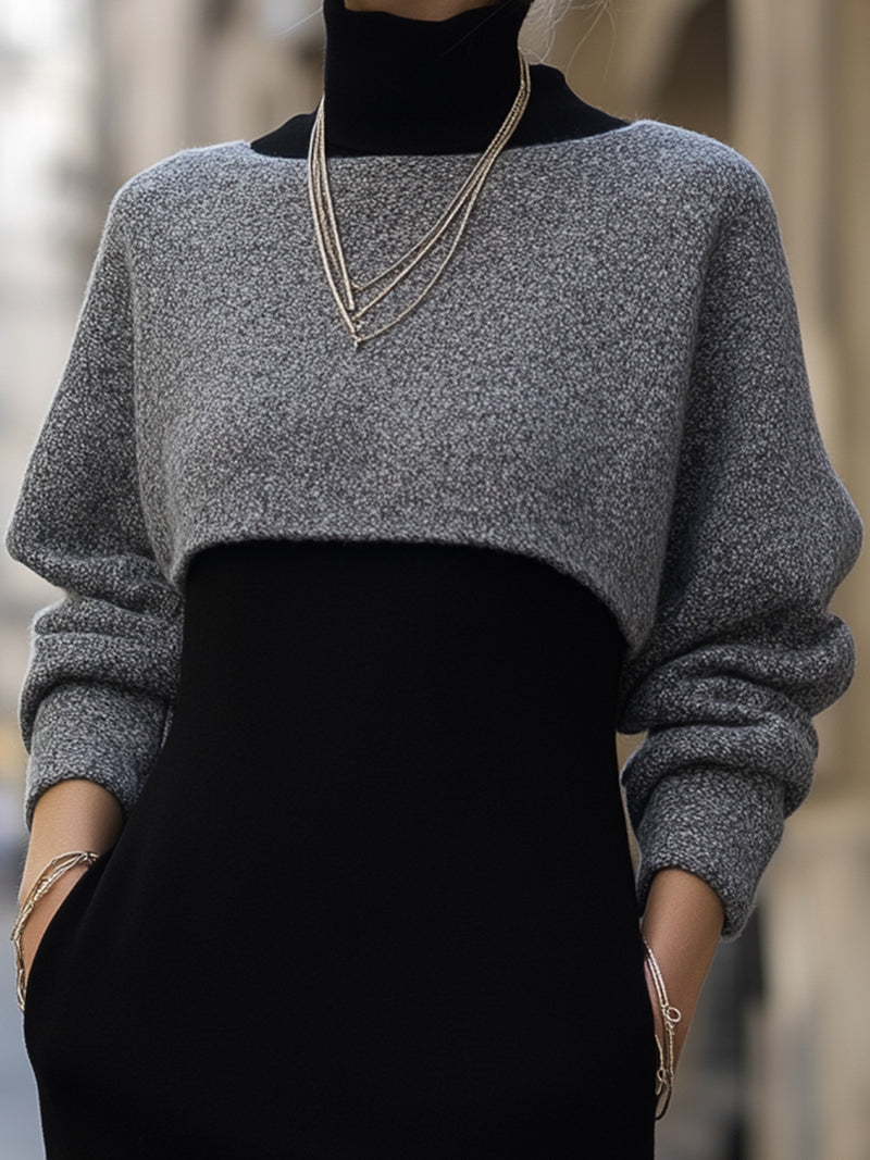 Black Knit Turtleneck Midi Dress And Gray Knit Cover-Up Set