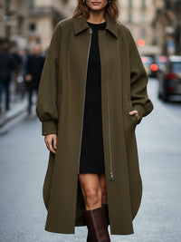 Olive Wool-Blend Cocoon Coat With Zipper Detail