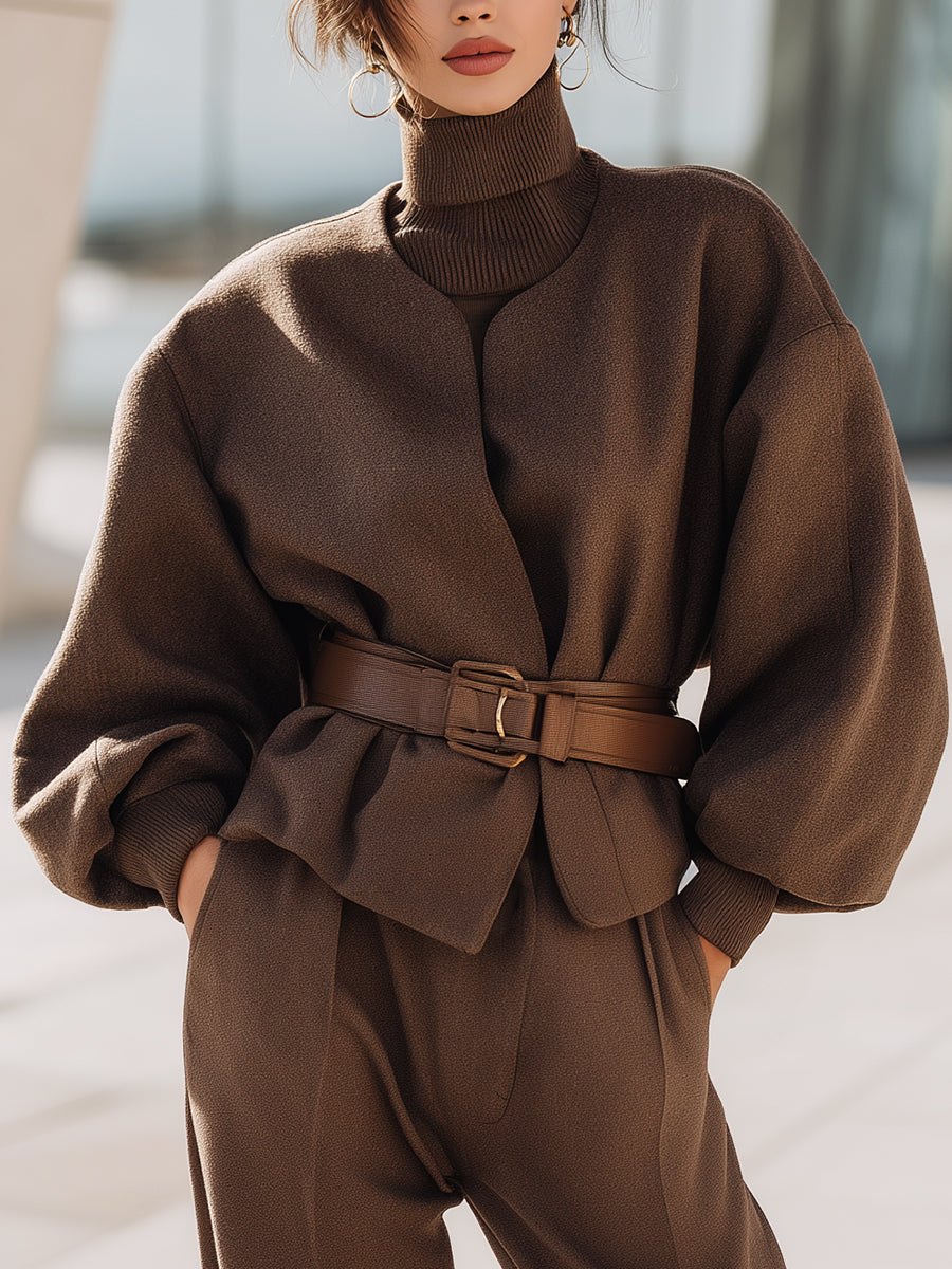 Mocha Color Belted Structured Jacket With Belt