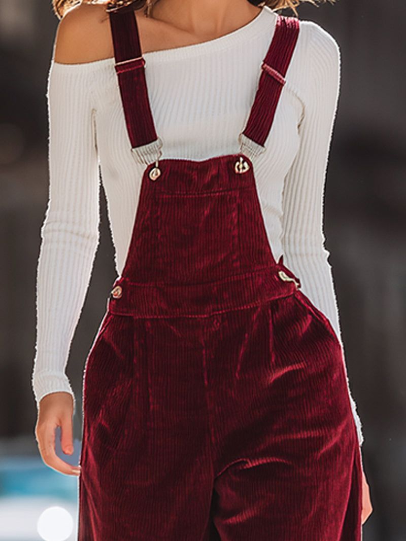 Burgundy Corduroy Overalls With White Off-Shoulder Top
