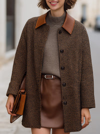 Vintage Houndstooth Coat With Faux Leather Collar