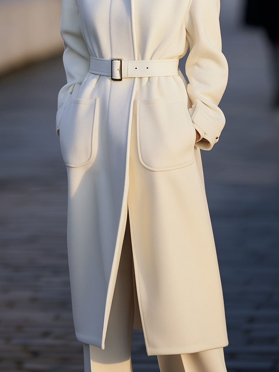 Ivory Belted Longline Wool Coat