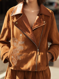 Caramel Embroidered Faux Suede Moto Jacket With Leather Lapel