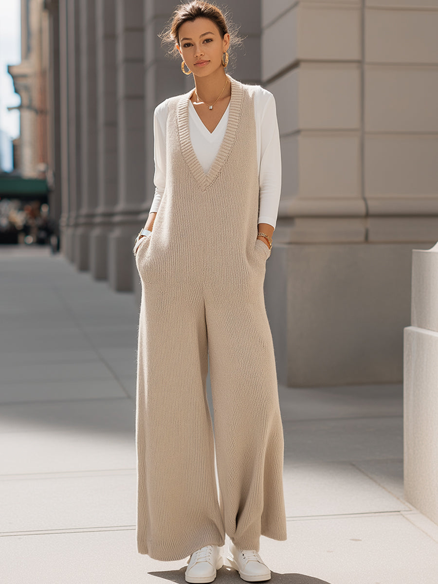 Beige Ribbed Knit Wide-Leg Jumpsuit