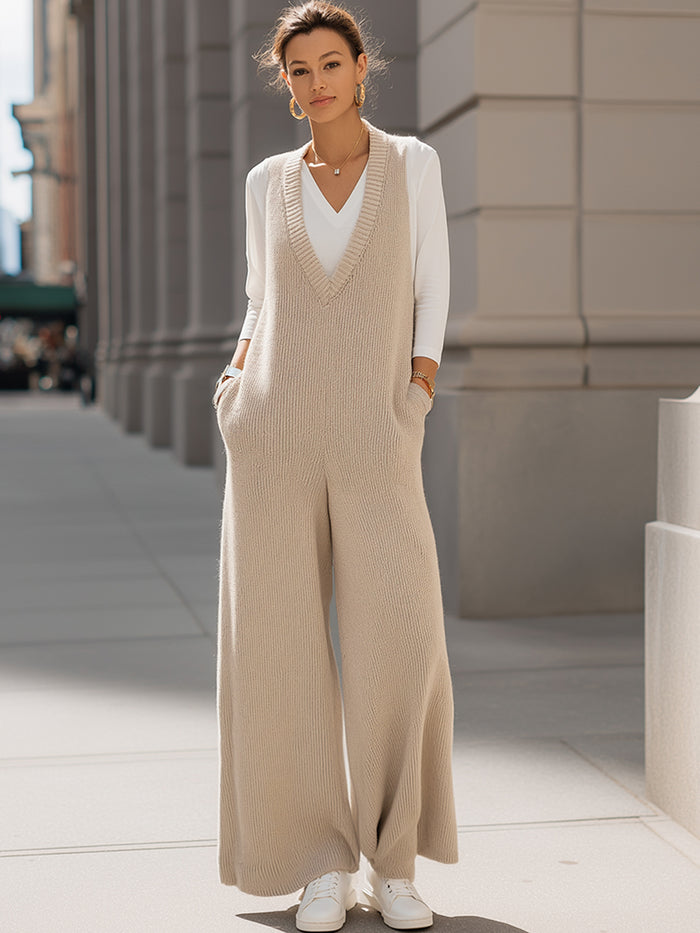 Beige Ribbed Knit Wide-Leg Jumpsuit