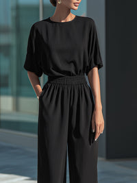 Relaxed Draped Top & Elastic-Waist Wide-Leg Pants Set