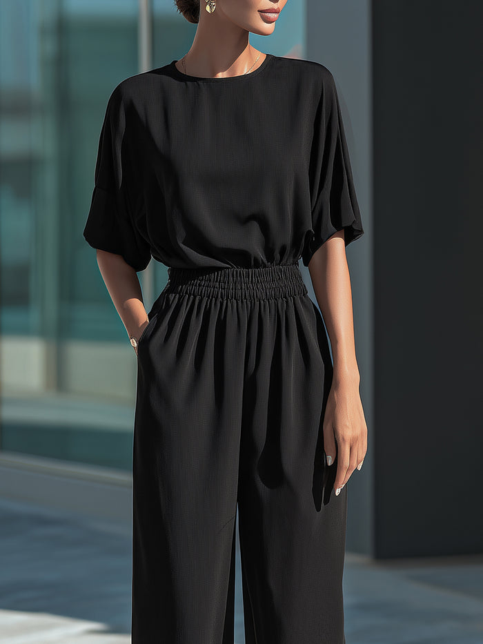 Relaxed Draped Top & Elastic-Waist Wide-Leg Pants Set