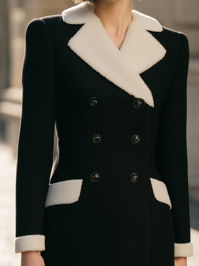 Wool-Blend Long Coat With Contrast Shearling Lapel