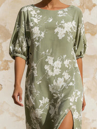 Elegant Sage Green Floral Slit Midi Dress