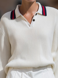 Ivory Knit Polo Sweater With Contrast Trim