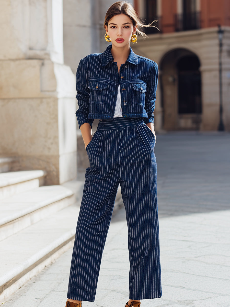 Pinstripe Denim Jacket And High-Waisted Pants Set