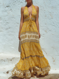 Bohemian Halter Tie-Waist Tiered Maxi Dress