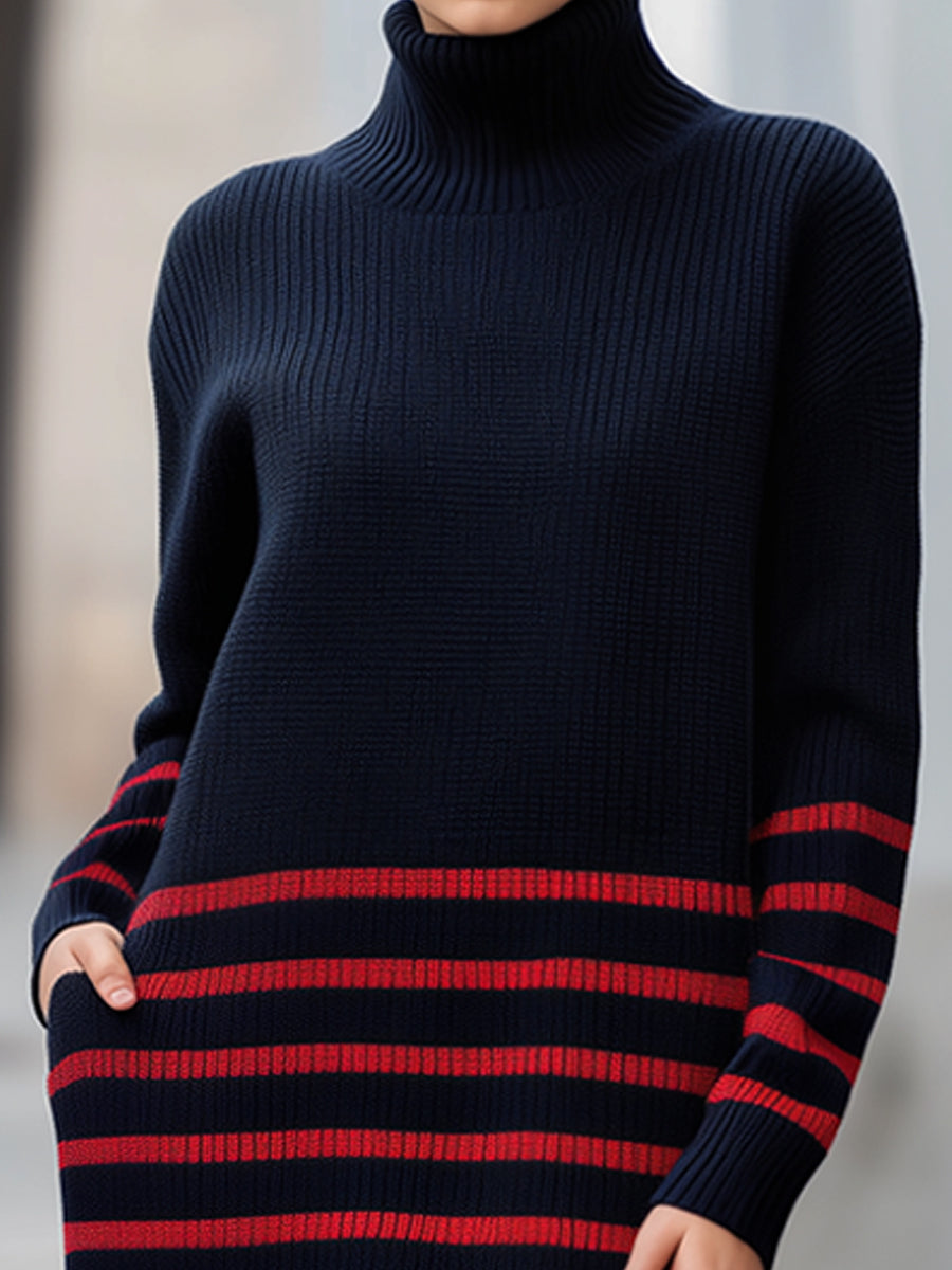 Navy & Red Striped Turtleneck Knit Midi Dress