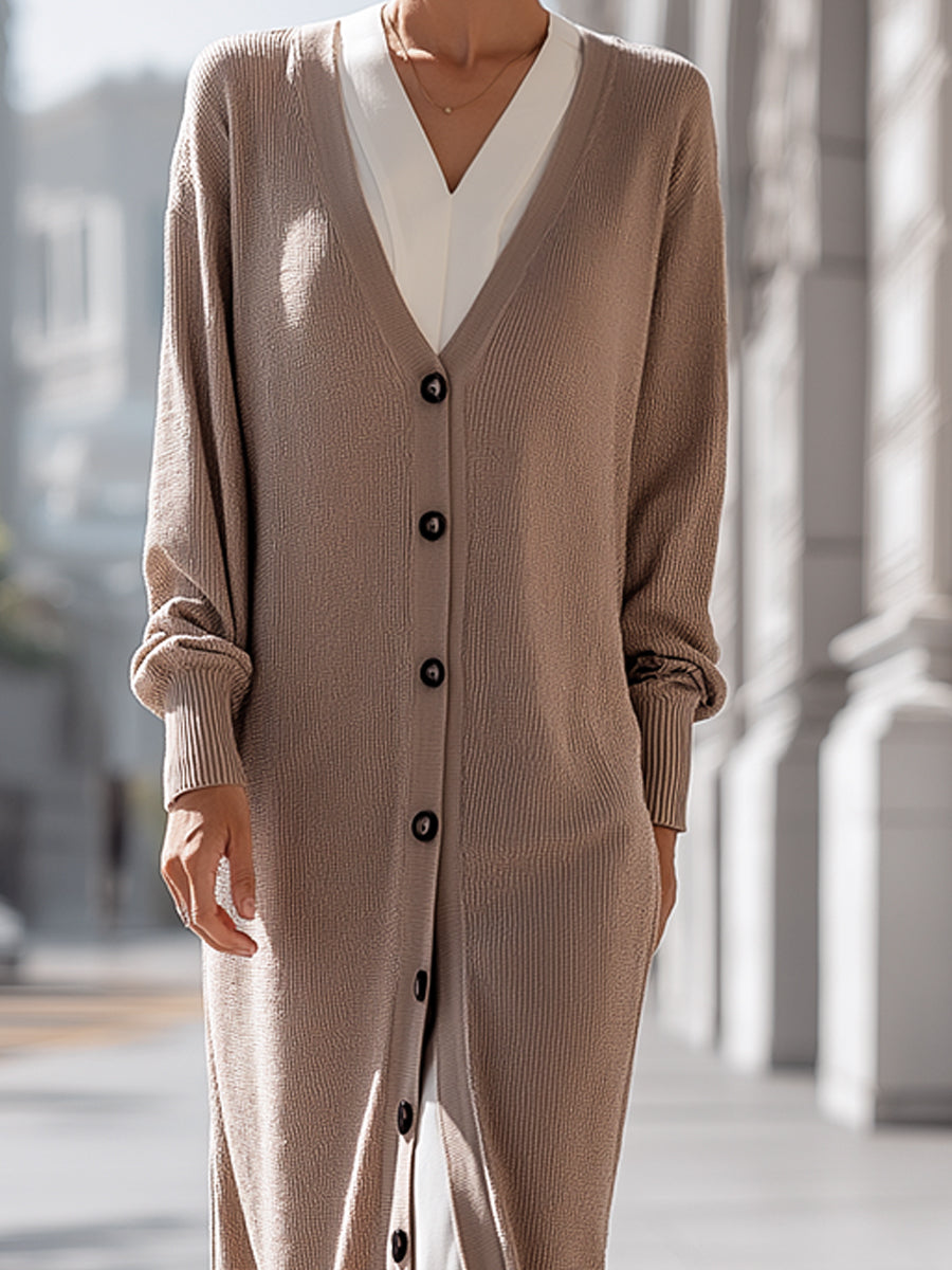 Long Button-Front Knit Cardigan
