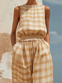 Casual Plaid Sleeveless Elastic Waist Wide-Leg Jumpsuit – Effortless Summer Style