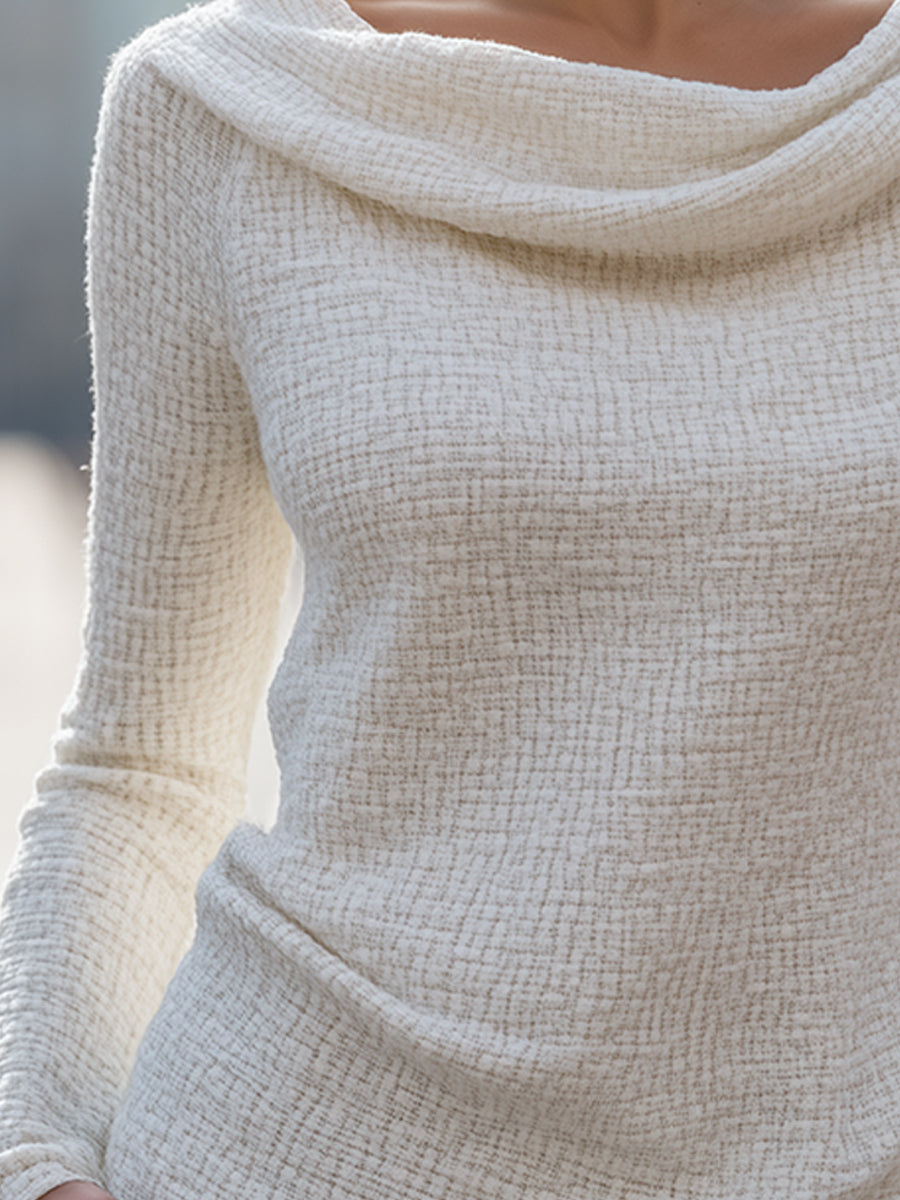 Cream Textured Knit Top With Draped Collar
