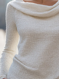 Cream Textured Knit Top With Draped Collar