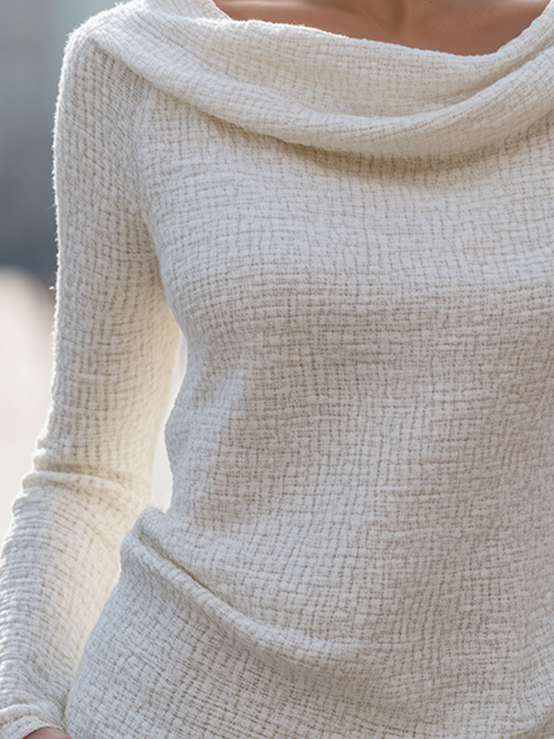 Cream Textured Knit Top With Draped Collar