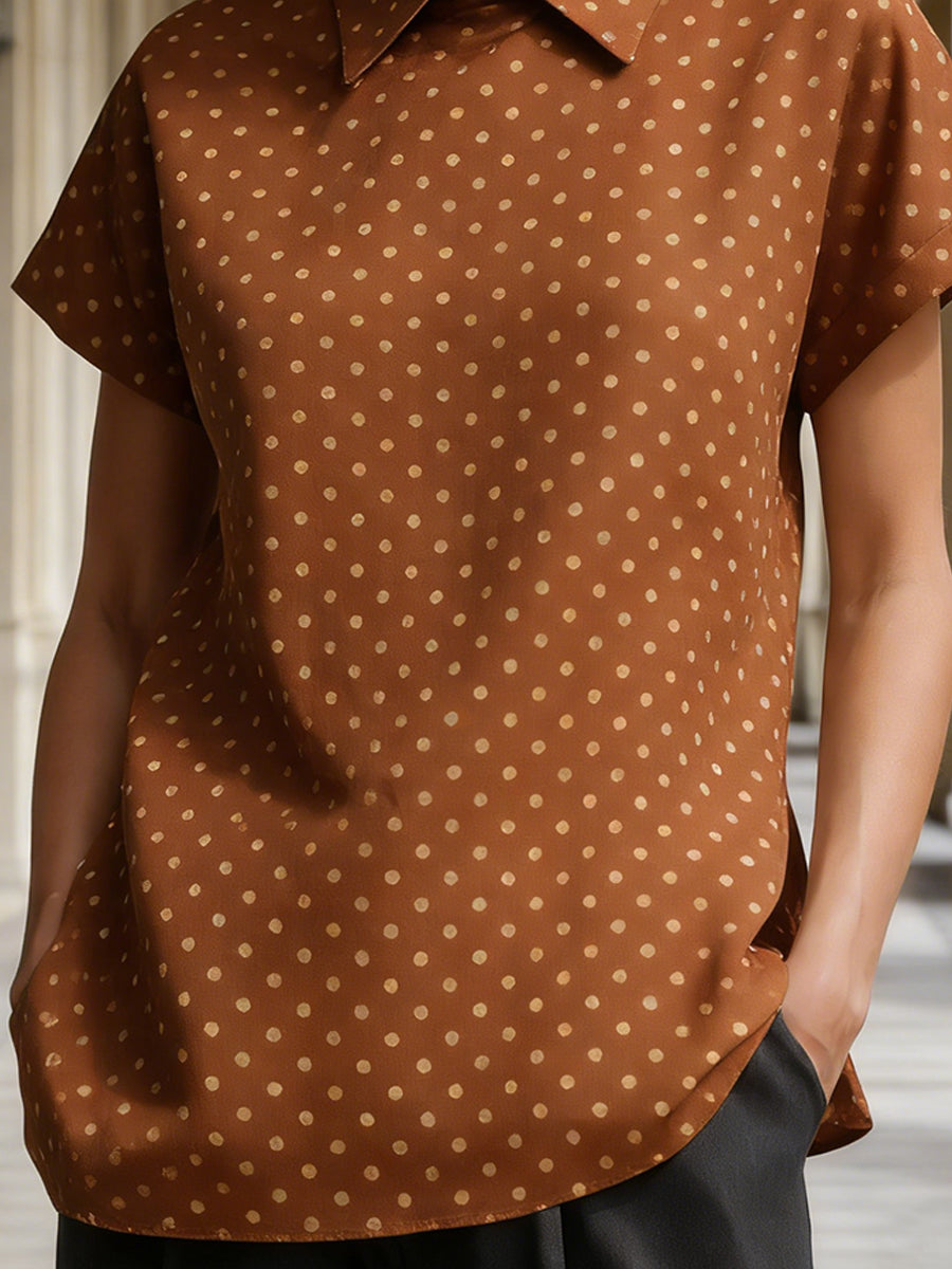 Polka Dot Short-Sleeve Collared Blouse
