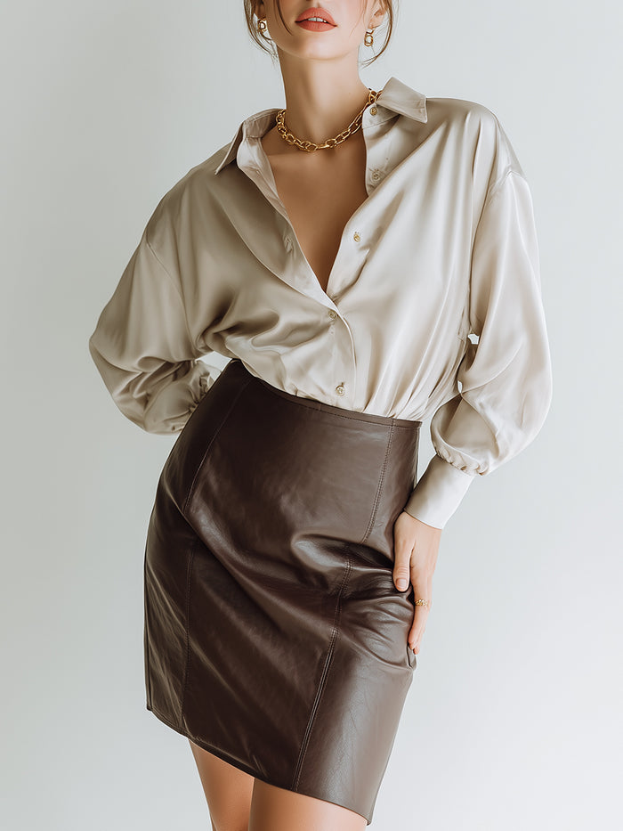 Satin Blouse & Faux Leather Skirt Set