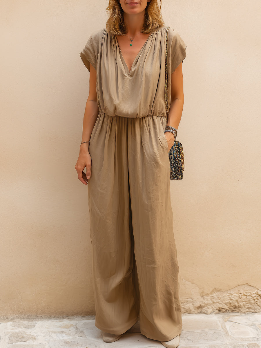 Relaxed V-Neck Short Sleeve Wide-Leg Jumpsuit