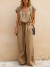 Relaxed V-Neck Short Sleeve Wide-Leg Jumpsuit