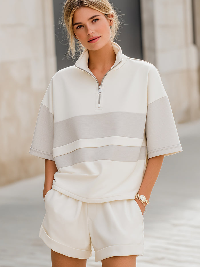 Half-Zip Color-Block Top & Matching Tailored Shorts Set