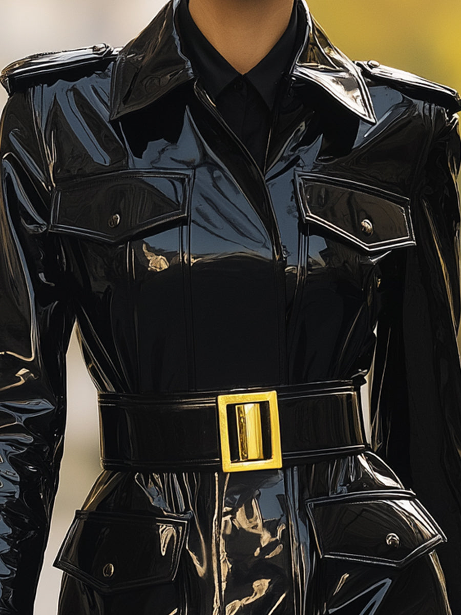 Black Patent Leather Belted Trench Coat