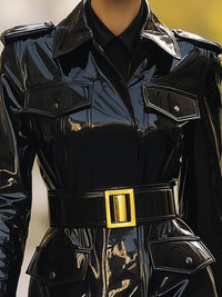Black Patent Leather Belted Trench Coat