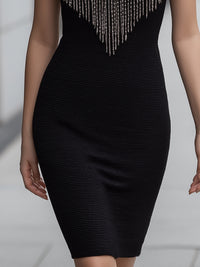 Ribbed Knit Midi Dress With Silver Rhinestone Fringe Neckline