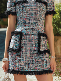 Tweed Fringe-Trim Short Sleeve Mini Dress