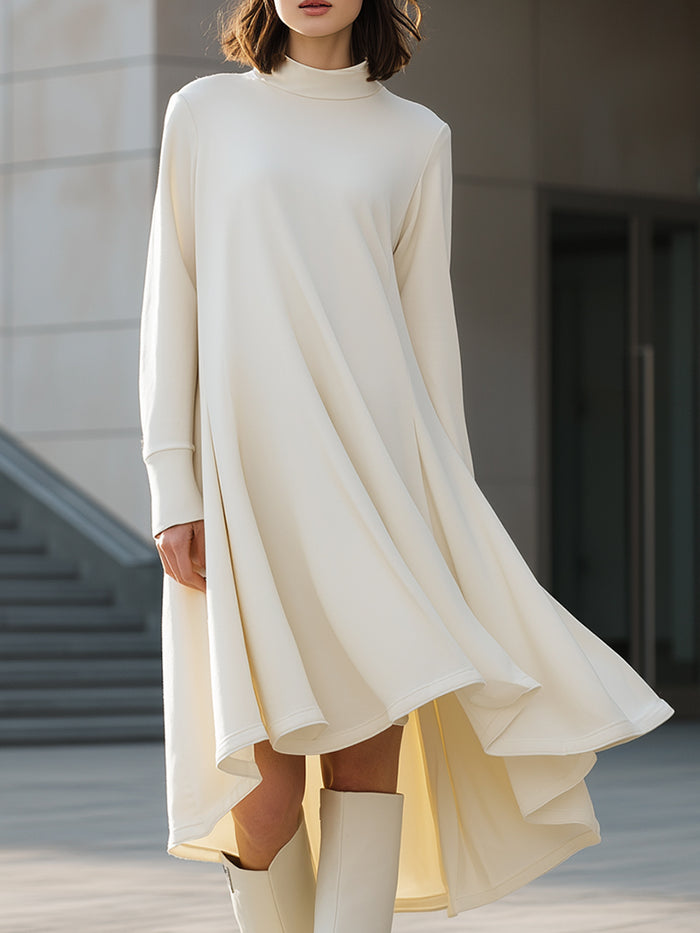 Ivory High-Neck Flowing A-Line Dress