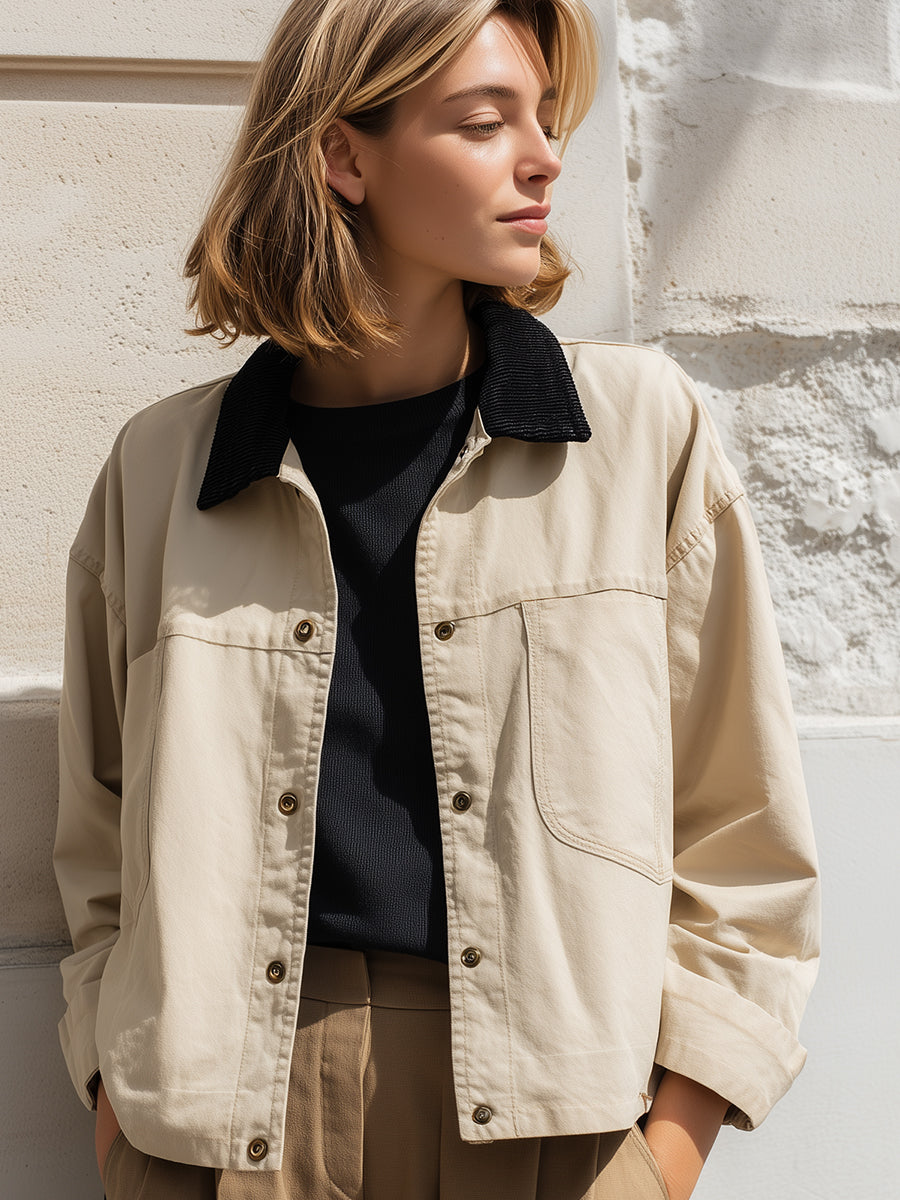 Beige Utility Jacket With Contrast Corduroy Collar