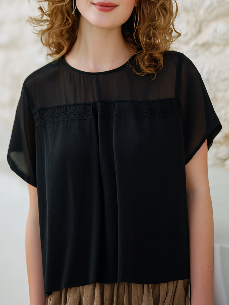 Sheer Panel Lace Trim Short Sleeve Blouse