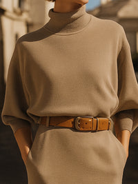 High-Neck Belted Knit Sweater