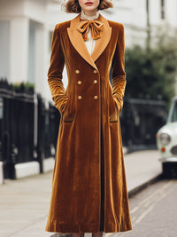 Vintage-Inspired Velvet Double-Breasted Long Coat