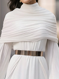Elegant Draped High-Neck Chiffon Midi Dress With Pleated Cape Detail