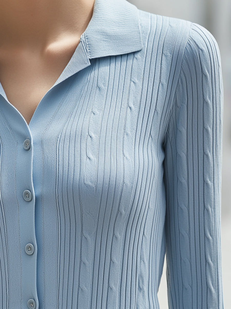 Ribbed Knit Button-Front Collared Cardigan Top