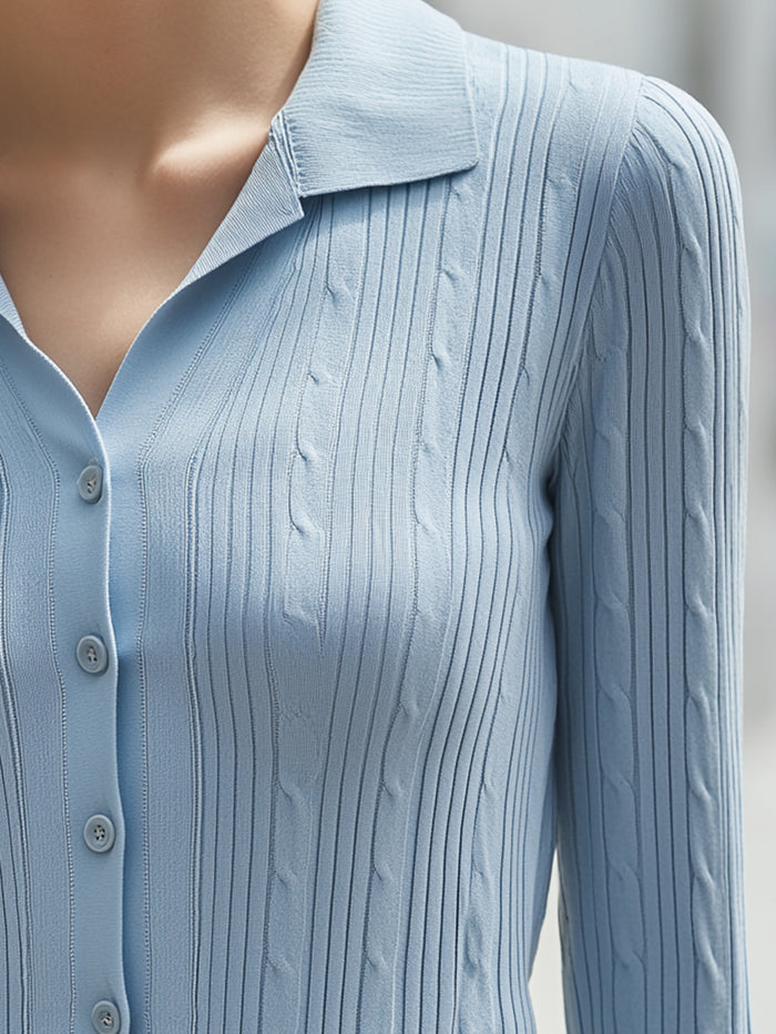 Ribbed Knit Button-Front Collared Cardigan Top