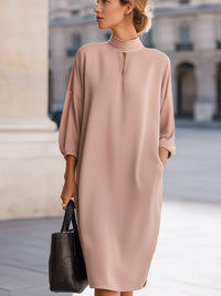 Soft Blush High-Neck Keyhole Midi Dress