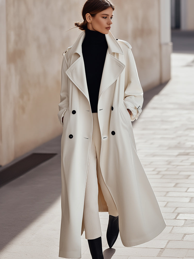 Ivory Double-Breasted Long Trench Coat