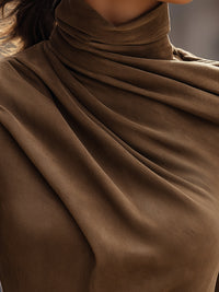 Draped High-Neck Long-Sleeve Top In Mocha Brown