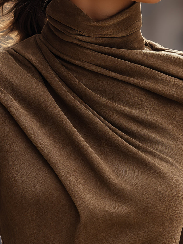 Draped High-Neck Long-Sleeve Top In Mocha Brown