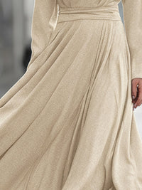 Elegant Cowl Neck Beige Maxi Dress With Flowing Skirt