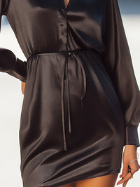 Black Satin Shirt Dress With Drawstring Waist