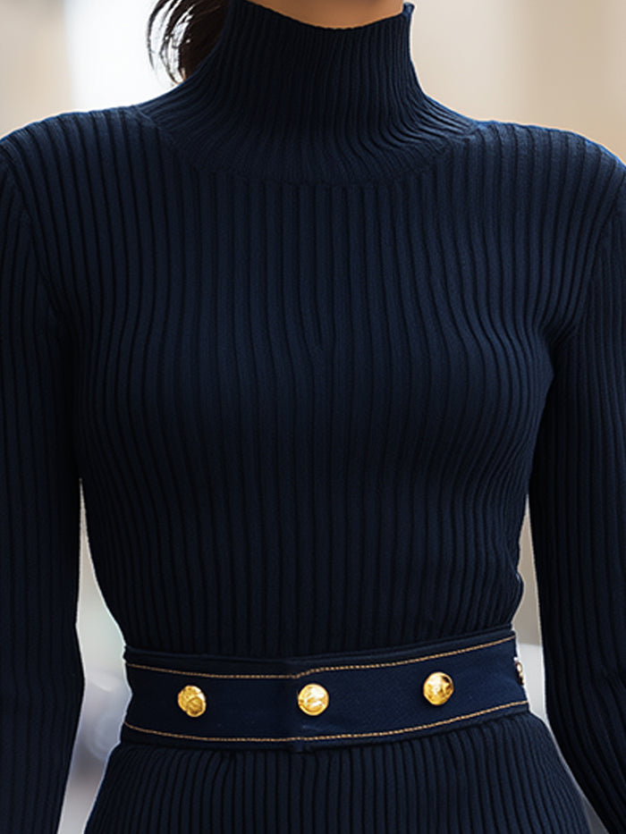Navy Ribbed Knit Dress With Gold-Tone Button Denim Pocket Details