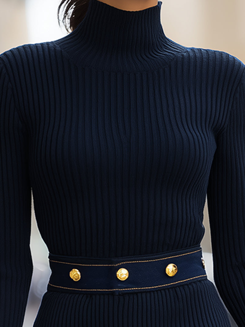 Navy Ribbed Knit Dress With Gold-Tone Button Denim Pocket Details