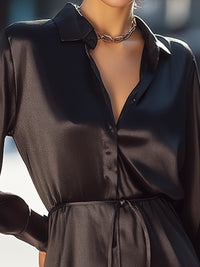 Black Satin Shirt Dress With Drawstring Waist