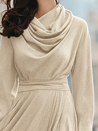 Elegant Cowl Neck Beige Maxi Dress With Flowing Skirt