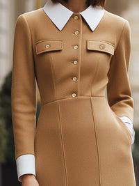 Long-Sleeve Contrast Collar Midi Dress